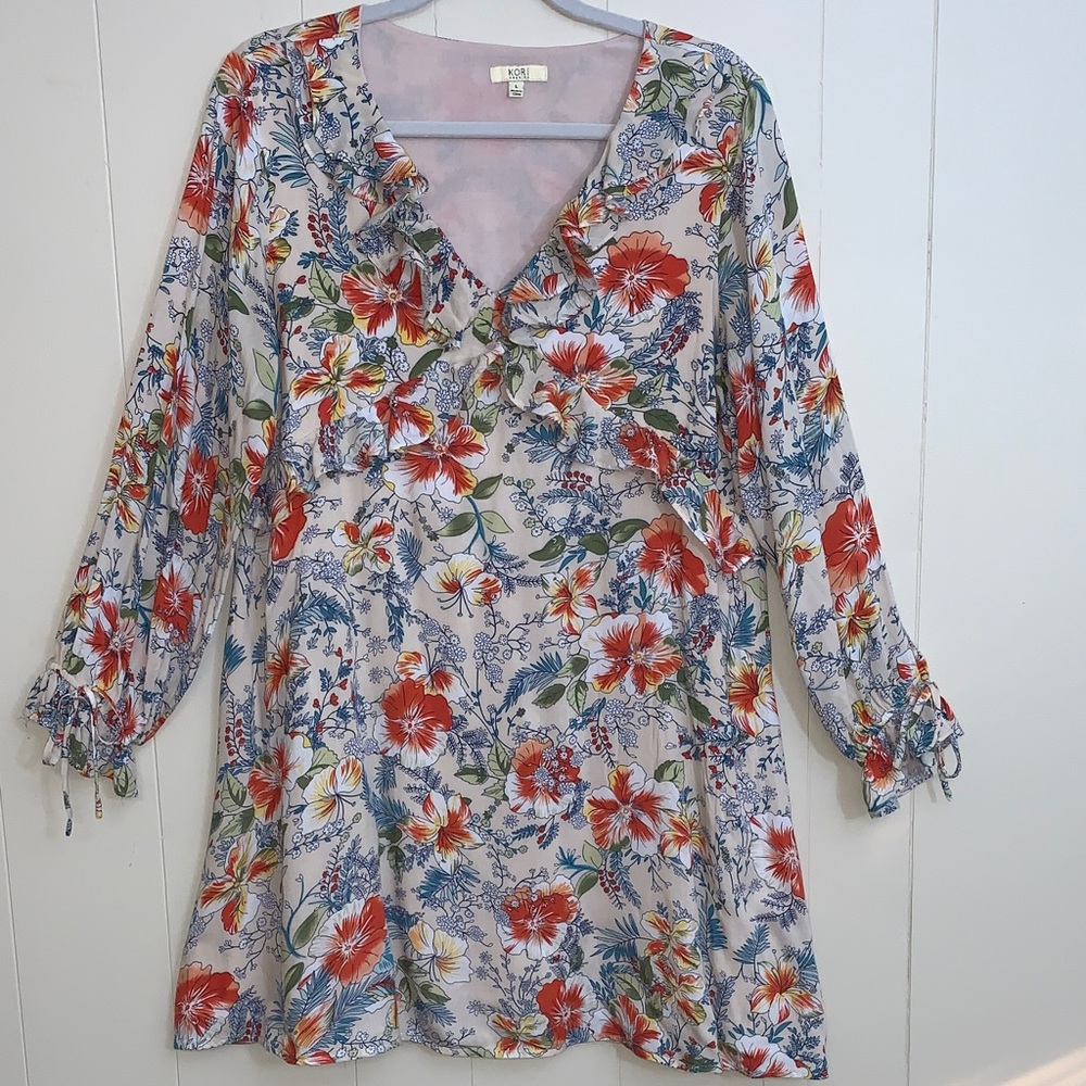 Kori Tropical  Dress Ruffled Front VNeck Long Sleeve Ruffle Tan, Coral, Blue